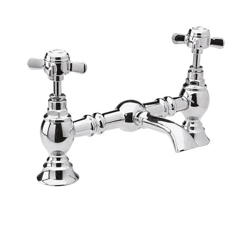 Balterley Basin Mixer Tap, Traditional Bridge Waterfall Sink Mixer Tap with Crosshead Handles, Deck Mounted Waterfall Basin Bathroom Taps, Durable Sink Taps for Bathroom - 40 x 240 x 140mm (Chrome)