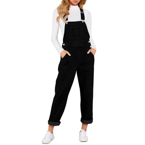 luvamia Women's Casual Stretch Adjustable Denim Bib Overalls Jeans Pants Jumpsuits Large B Warm Onyx Black