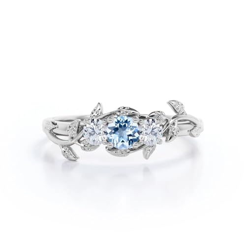 Nature Inspired Aquamarine Ring for Women,14K Solid Gold Aquamarine Engagement Leaf Rings for Women Wife Her Anniversary Birthday Wedding Custom Rings