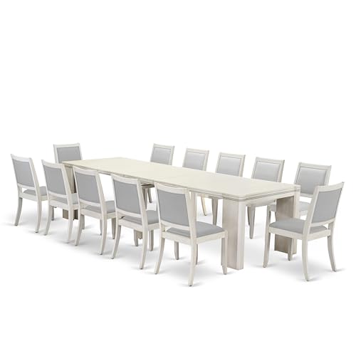 Image of X12X2-00W-27-13 Pieces Extendable Dining Set Includes a Rectangle Xtenczar Dining Table and 12 Light Gray Faux Leather Stackable Dining Chairs, Antique White