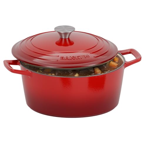 Image of Bakken Enameled Cast Iron Dutch Oven Pot, 6QT Dutch Oven for Bread Baking, Braising & Roasting, Kitchen & Campfire Cooking, Moisture-Locking Lid, Oven Safe Up To 500F, Works on All Cooktops, Red