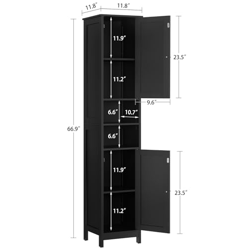Image of TEENFON 67 inch Tall Bathroom Cabinet with Adjustable Shelves and Doors | Narrow Bathroom Storage Cabinet for Small Space, Living Room, Entryway, Kitchen, Black