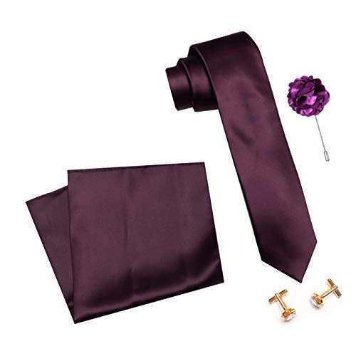 Tie for Men – Micro Silk Neck Ties Set with Cufflinks Flower Pin, Pocket Square & Black Gift Box, Combo Necktie Sets for Office Wear, Formal Suits & Weddings (Violet, Tie-134)-image-28