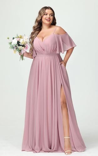 Elegant Women Plus Size Bridesmaid Dresses 2025 with Slit Cold Shoulder Chiffon Formal Party Dresses with Pockets RO0202
