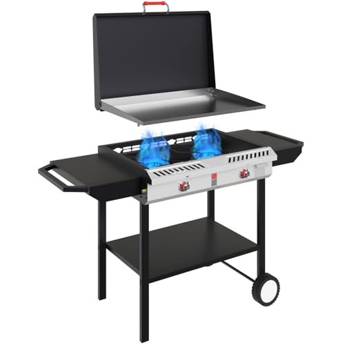 GasOne 2-Burner Propane Stove with Flat Top Grill – Modular Cast Iron Propane Gas Grill and Griddle with Cover and Side Shelves - Cart Grill with Wheels for Outdoor Cooking