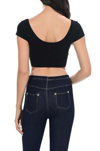 Womens Trendy Solid Color Basic Scooped Neck and Back Crop Top Black Large by Auliné Collection - Used condition - Image 8