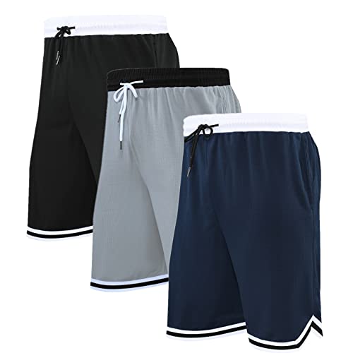 OPALOS 3 Pack Basketball Shorts for Men with Zipper Pockets,Active Athletic Shorts (Navy.Black.Gray-252, S)