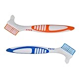 Denture Cleaning Brushes 2-Pack with Dual-Angle Heads - Soft Nylon Bristles & Ergonomic Grip, Travel Brush Kit for Seniors (Orange/Blue) | Denture Care Essentials, Heartwarming Gift for Elderly