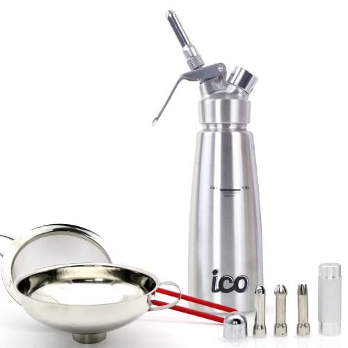 Ico 0.5 Liter (1 Pint) Professional Stainless Steel Whipped Cream Dispenser For Homemade Whipping Cream, Whipped Cream Maker + Ico Funnel And Sieve #TOP7