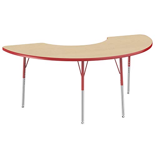 FDP Half Moon Activity School and Office Table (36 x 72 inch), Standard Legs with Swivel Glides for Collaborative Seating Environments, Adjustable Height 19-30 inches - Maple Top and Red Edge