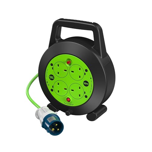 SLx 10m Camping Extension Lead Reel 16A Hook-Up Plug to 4 Gang 13A UK Sockets Cassette Cable Reel with Thermal Cut-Out & Indicator Light Caravan & Motorhome Power Cable