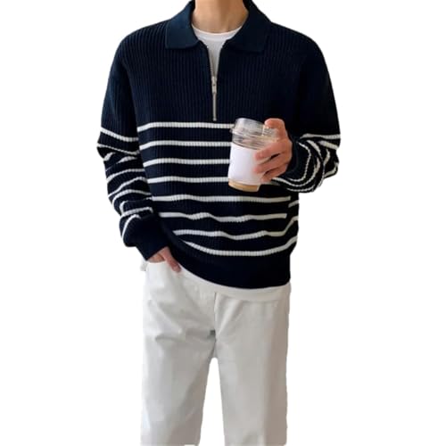 Men’S Half Zip Striped Turn-Down Collar Knitted Pullover Sweater Casual Long Sleeve Jumper Top