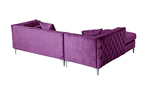 Iconic Home Da Vinci Velvet Modern Contemporary Button Tufted with Silver Nailhead Trim Silvertone Metal Y-Leg Left Facing Sectional Sofa, Purple