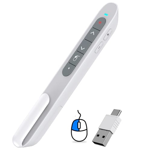 Image of DinoFire Wireless Presentation Remote with Air Mouse White, RF 2.4GZ Rechargeable USB C Slide Clicker for Powerpoint Presentations for Laptop /Computer /MAC