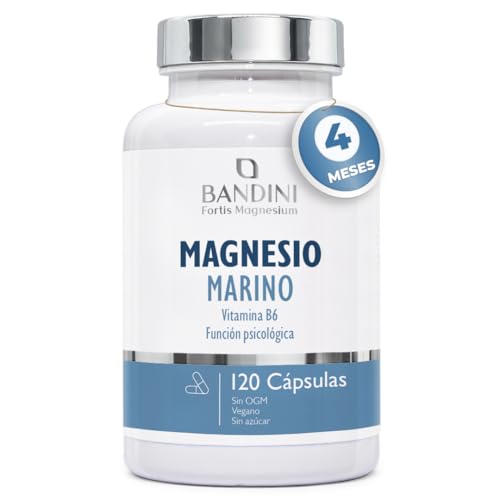 Bandini® Magnesio Marino con Vitamina B6 120 Cápsulas (4 meses), Alivio Calambres Cansancio Fatiga, Potente Suplemento Articulaciones Huesos Piel Energía Deportistas, Magnesium y B6 100% Vegano