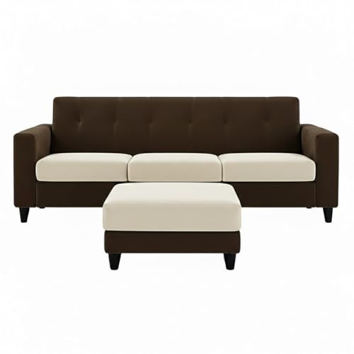 Image of Homeboy 4 Seater L Shape Sofa Set with Movable Ottoman | Flexible Left or Right Layout | Luxe Velvet Suede Fabric | Comfortable Seating | Modern Sofa for Living Room -Dark Brown - Cream