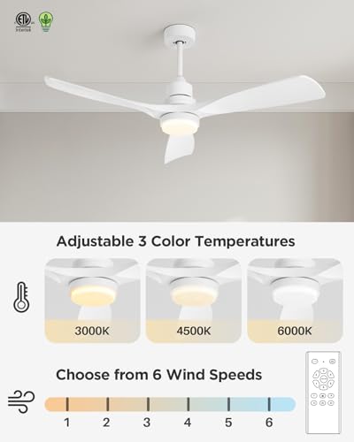 Image of 52 Inch Ceiling Fans with Lights Remote, White Ceiling Fans 3-Color Light, Timer, ETL Listed, 3 Downrods, 3 Blades, 6 Speed Modern Fan Quiet Reversible DC Motor for Patio Outdoor,52in,White