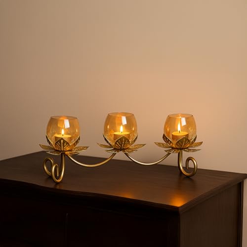 Image of MARKET 99 Metal + Glass 3 Votive T-Light Holder | Elegant Lotus-Shaped Candle Holder for Christmas, Diwali & Wedding Decor | Decorative Tealight Stand for Home, Festive & Gifting Use - Golden