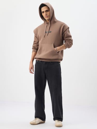 Image of The Souled Store Desert Dune Men and Boys Full Sleeves Hooded Neck Brown Solid Cotton Blend Oversized Fit Winter Hoodie