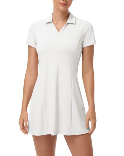YSENTO Women's Tennis Golf Dress Build in Shorts with Pockets V Neck Collar Stretch Athletic Active Polo Dresses White XL