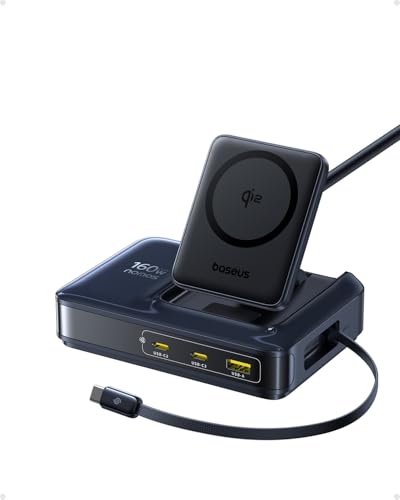 Baseus Nomos Charging Station 160W, 5-in-1 USB-C Power Strip, Qi2 Certified 15W Magnetic Wireless Charger with 100W Retractable Cable, 3 USB-C, 1 USB-A Desktop Charger for MacBook, iPad Pro, iPhone 17