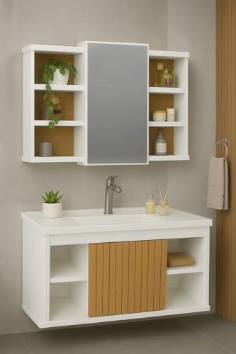 Conjunto Gabinete Com Cuba Espelheira Suspenso Com Nichos Espelho Moderno Espanha (Branco/Ripado)