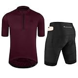 OFF PRND Men's Cycling Jersey 1/3 Zipper Cycling Clothing Set Solid Color Club Fit, Bike Jersey and Shorts Zipper Pocket (Wine Red, XL)