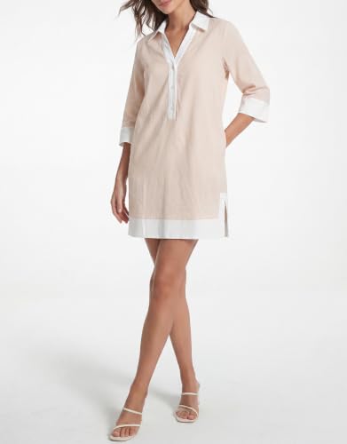 Image of Kedera Women Button Shirt Dress V Neck Short Sleeves Summer Casual Work Shift Tunic Dress with Pockets