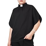 Womens Church Clergy Shirt Tab Collar Pleated Batwing Sleeves Blouse Top Black