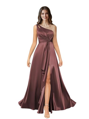 One Shoulder Bridesmaid Dresses for Women with Slit Satin Formal Dresses Long Ruffled Prom Dress