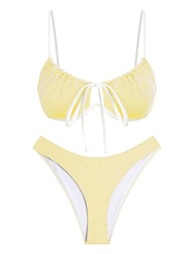 Image of ZAFUL Women High Cut Bikini Sets String Sexy Swimsuit Two Piece Underwire Bathing Suit Brazilian Cheeky Cut Out Cute Swimwear