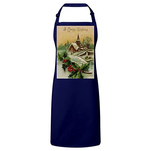Tablier cuisine Merry Christmas bleu navy avec motif houx neige et peinture vintage