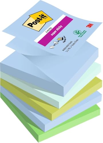 Post-it Super Sticky Z-Notes Oasis Collection, Packung mit 5 Blöcken, 90 Blatt pro Block, 76 mm x 76 mm, Blau, Grün - Extra-stark klebende Notizzettel für Notizen, To-Do-Listen und Erinnerungen