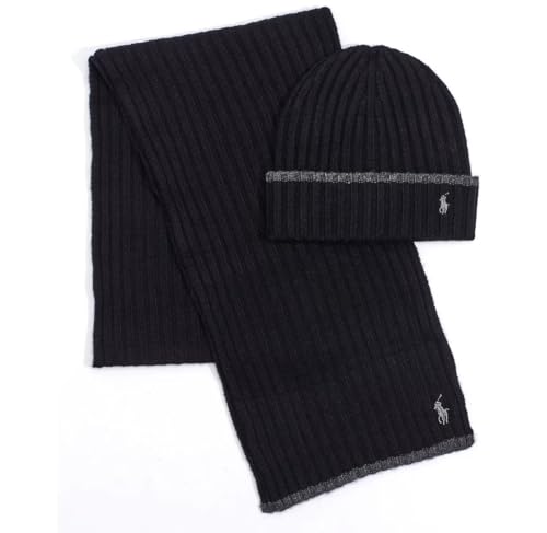 POLO RALPH LAUREN Mens Classic Ribbed hat and Scarf Set Black