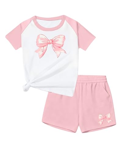 Image of Bestuline Girls Summer 2 Piece Outfits,Basic Short Sleeve Top & Shorts Set with Side Pockets,4-14Y