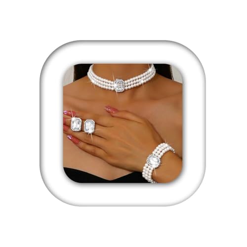 Reaky Pearl Necklaces Set Layered Rhinestone Necklace Bridal Wedding Necklaces for Women (Silver)