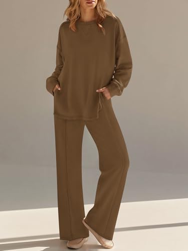 Womens Sweatsuits 2 Piece Sets Fall Side Slit Sweatshirt Wide Leg Sweatpant Airport Travel Outfits Tracksuits2