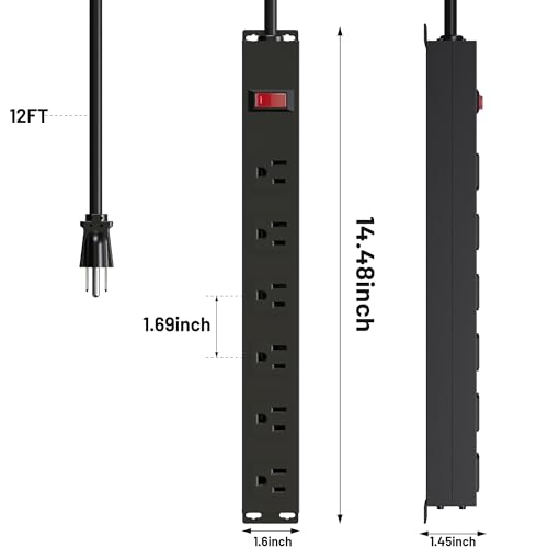 Image of Power Strip with 6AC Outlets Wide Spaced and 14AWG Power Cord,Wall Mount Outlet Power Strip Heavy Duty for Commercial, Industrial, School and Home with Switch,15A 125V 1875W,Black (12FT)