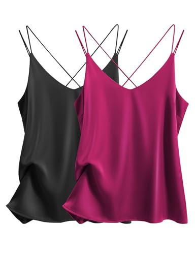 Image of Ekouaer Womens 2-Pack Silk Satin Camisole Tank Top V Neck Sexy Cross Back Spaghetti Strap Cami Sleeveless Lounge Tops S-XXL