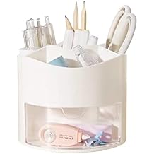 Rotating Pen Pencil Holder 360-Degree with Drawer, 5 Compartments Desk Stationary Cosmetic Makeup Brushes Holder for Dressing Table, Home, Office, DesktopWhite