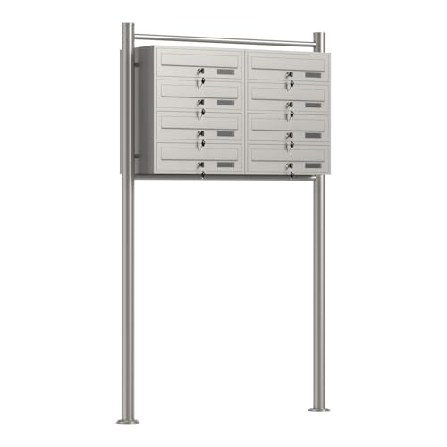 Wiltec 8er Briefkastenanlage Edelstahl 945 x 270 x1500 mm, Standbriefkasten mit 2x4 Fächern, Schlüssel und Namensschild, Briefkasten Postkasten mit Ständer