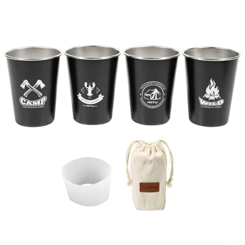 Juego de tazas de acero inoxidable 304 para exteriores, 4 tazas coloridas para camping, picnic, barbacoa, tazas apilables con bolsa de lona - 350 ml de capacidad (juego de cuatro piezas, negro)