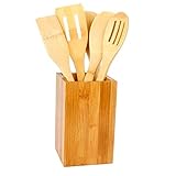 Acan Set de 5 Utensilios de Cocina, Madera de bambú, 30 cm, con Soporte de 16 x 10 x 10 cm, cucharas y espátulas ranuradas y Lisas con Agujero para Colgar, Palas para cocinar