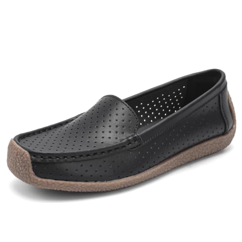 Image of Women's Comfortable & Lightweight Leather Loafers Slip-Ons Driving Walking Mocs Boat Shoes Cute Business Casual Dress Shoes Work Flats for Women