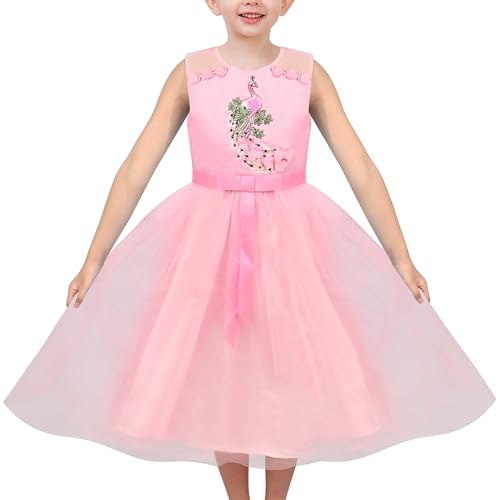 Sunny Fashion Girls Dress Pink Peacock Embroidery Sequin 3D Floral Rhinestone Sheer Mesh Tulle Gown Festive Size 8