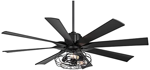 Possini Euro Design 60\" Defender Modern Industrial Indoor Ceiling Fan with LED Light Remote Control Matte Black Metal Cage for Living Kitchen House Bedroom Family Dining Home Office Kids Room