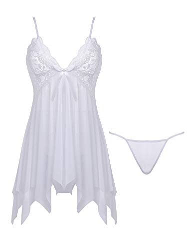 Women Lingerie Lace Babydoll Halter Chemise Strap Nightwear(White, XXL)
