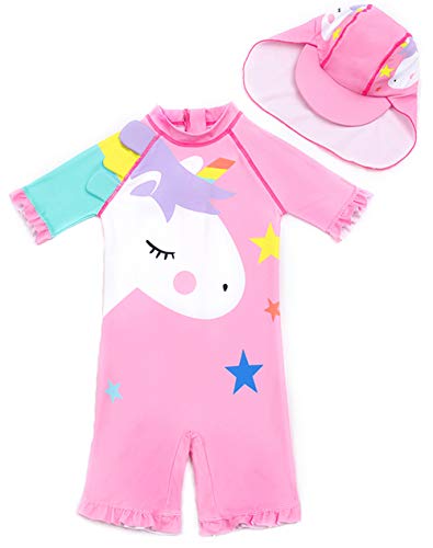 Baby Toddler Girls Unicorn Swimsuits One Piece Swimwear Bathing Suits Rash Guard UPF 50+ (Pink Star Unicorn, 2-3 Years)