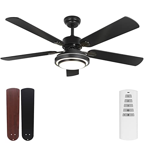 Image of hykolity 52 Inch Ceiling Fans with Lights (Integrated LED) Remote Control, Reversible Motor and Blades, ETL Listed, for Patio Living Room, Bedroom, Office - Black (5-Blades)