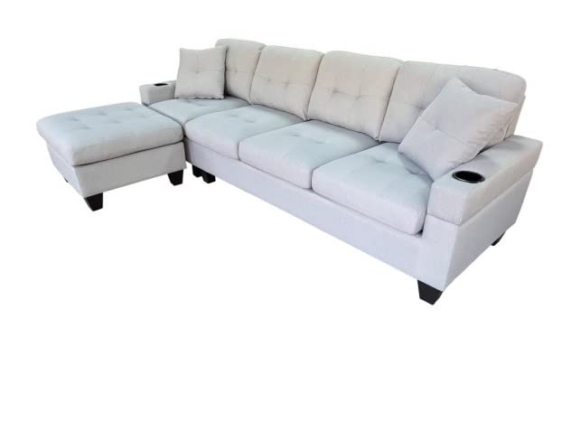 DRW Sofa Chaise Longue 4 plazas + Puff multiposicion Beige con 2 Cojines 111X54X88 cm